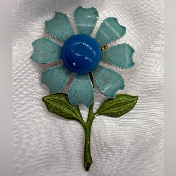 Vintage Jewelry - Vintage 1960s Blue Daisy Groovy Flower Brooch Retro Floral Jacket Pin Gift